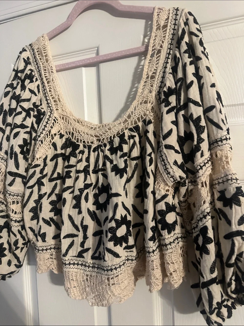 Free People Cream Top with Black Floral Embroidery